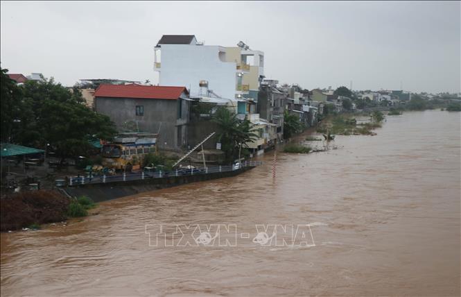 Lũ trên sông Vệ lên nhanh áp sát một khu dân cư. Ảnh: Phạm Cường-TTXVN