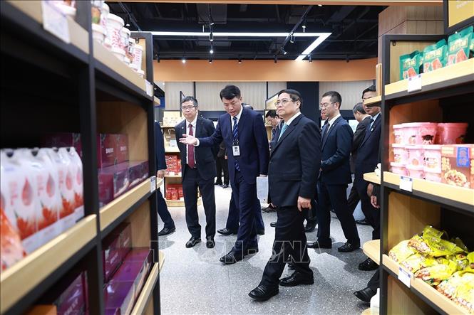 Prime Minister Pham Minh Chinh visits the Chongqing International Logistics Hub Parki. VNA Photo: Dương Giang