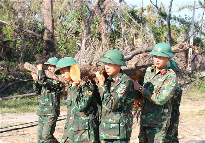 Bộ đội tiểu đoàn Đảo Cô Tô chặt, tỉa dọn dẹp cây gãy đổ giúp giao thông thuận lợi tại các điểm du lịch ở xã Đồng Tiến. Ảnh: Trọng Đức - TTXVN