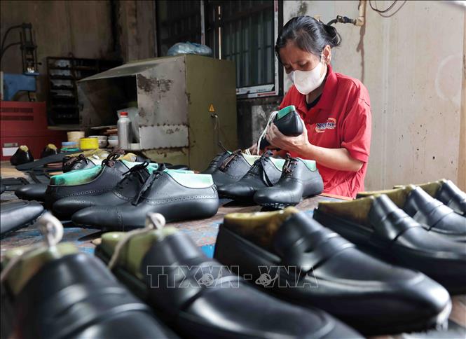 Sản xuất giầy xuất khẩu tại Công ty giầy Việt Anh. Ảnh: Trần Việt - TTXVN