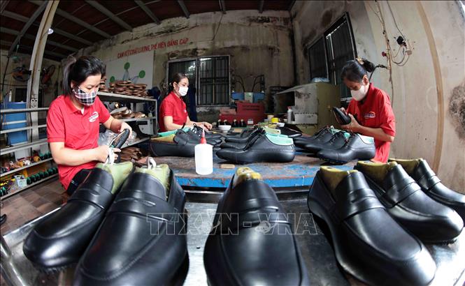 Sản xuất giầy xuất khẩu tại Công ty giầy Việt Anh. Ảnh: Trần Việt - TTXVN