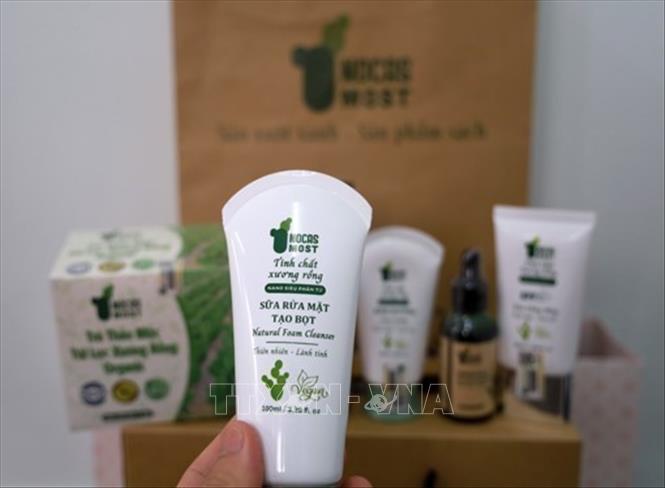 Các sản phẩm từ xương rồng mang thương hiệu NOCAS MOST được bán trên thị trường. Ảnh: Xuân Triệu - TTXVN