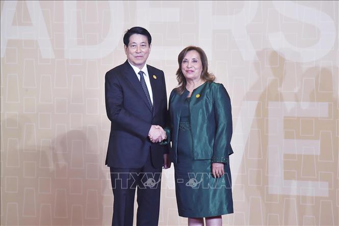 Peruvian President Dina Ercilia Boluarte Zegarra welcomes President Luong Cuong. VNA Photo: Lâm Khánh