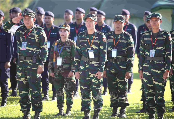 Binh sĩ QĐND Lào tại sự kiện khai mạc diễn tập chung giữa quân đội 3 nước Campuchia-Lào-Việt Nam. Ảnh: Huỳnh Thảo - PV TTXVN tại Campuchia