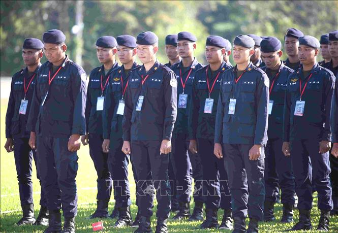 Binh sĩ Quân đội Hoàng gia Campuchia tại sự kiện khai mạc diễn tập chung giữa quân đội 3 nước Campuchia-Lào-Việt Nam. Ảnh: Huỳnh Thảo - PV TTXVN tại Campuchia