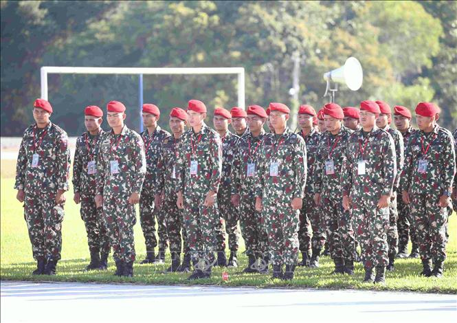 Binh sĩ Quân đội Hoàng gia Campuchia tại sự kiện khai mạc diễn tập chung giữa quân đội 3 nước Campuchia-Lào-Việt Nam. Ảnh: Huỳnh Thảo - PV TTXVN tại Campuchia