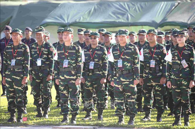 Binh sĩ QĐND Lào tại sự kiện khai mạc diễn tập chung giữa quân đội 3 nước Campuchia-Lào-Việt Nam. Ảnh: Huỳnh Thảo - PV TTXVN tại Campuchia