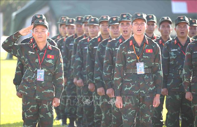 Cán bộ, chiến sĩ QĐND Việt Nam tại sự kiện khai mạc diễn tập chung giữa quân đội 3 nước Campuchia-Lào-Việt Nam. Ảnh: Huỳnh Thảo - PV TTXVN tại Campuchia
