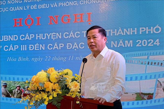 Phó Chủ tịch UBND tỉnh Hòa Bình Đinh Công Sứ phát biểu tại hội nghị. Ảnh: Thanh Hải - TTXVN 