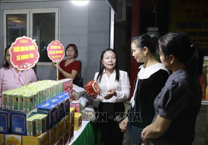 Khách hàng tham quan gian hàng của Hội nông dân huyện Sông Lô. Ảnh: Hoàng Hùng – TTXVN