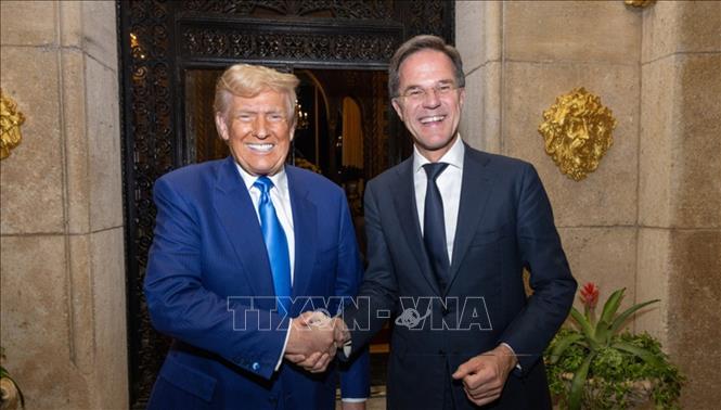 Tổng thống đắc cử Mỹ Donald Trump (trái) trong cuộc gặp Tổng thư ký NATO  Mark Rutte tại Palm Beach, bang Florida ngày 22/11/2024. Ảnh: nato.int/TTXVN 