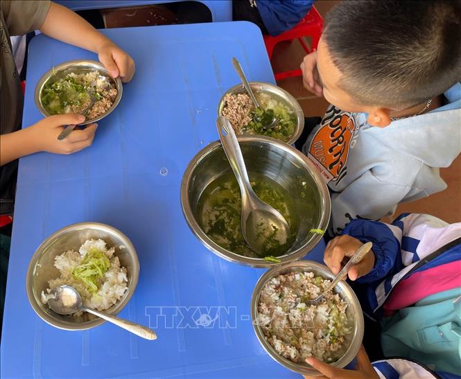 Một bữa ăn của học sinh tại Trường Tiểu học Đoàn Kết, thành phố Lai Châu. Ảnh: Nguyễn Oanh - TTXVN