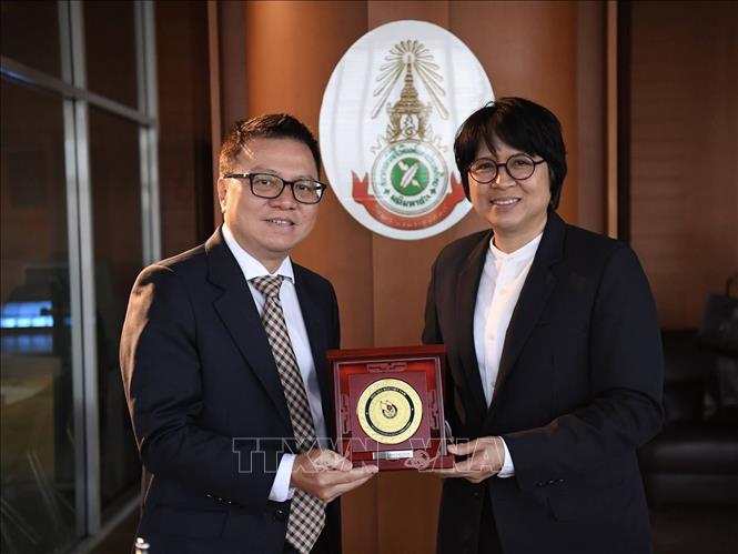 VJA President and Editor-in-Chief of Nhan Dan Newspaper Le Quoc Minh and CTJ First Vice President Norrinee Ruangnoo. VNA/Photo by courtesy