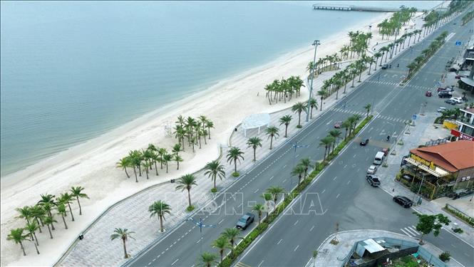 Phía cuối đường Trần Quốc Nghiễn là bãi biển dài 900 m, rộng gần 100 m với những hàng dừa xanh mát. Ảnh: Quốc Khánh - TTXVN