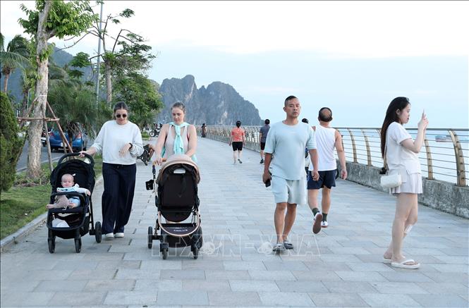 Khách du lịch quốc tế tản bước trên vỉa hè đường Trần Quốc Nghiễn và có thể ngắm nhìn Di sản Vịnh Hạ Long. Ảnh: Quốc Khánh - TTXVN