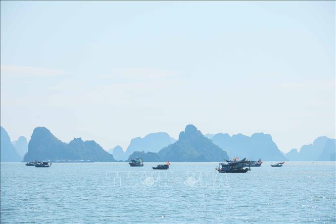 Các hòn đảo trên Vịnh Hạ Long ẩn hiện trong làn sương. Ảnh: Hoàng Hiếu - TTXVN
