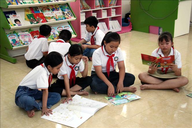 Học sinh Trường Tiểu học thị trấn Liễu Đề (Nghĩa Hưng, Nam Định) đọc sách tại thư viện trường. Ảnh: Nguyễn Lành - TTXVN