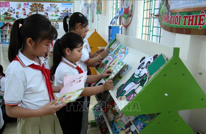 Học sinh Trường Tiểu học thị trấn Liễu Đề (huyện Nghĩa Hưng, tỉnh Nam Định) đọc sách tại thư viện trường. Ảnh: Nguyễn Lành - TTXVN