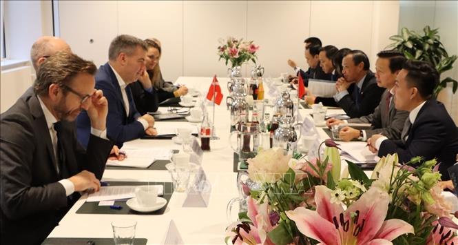 Deputy Prime Minister Tran Hong Ha has a working session with host Minister for Climate, Energy, and Utilities Lars Aagaard. VNA Photo: Hương Giang