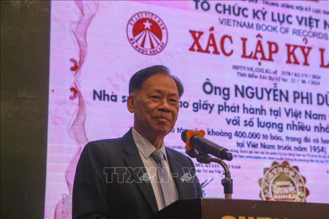 Ông Thang Văn Phúc, Chủ tịch Trung ương Hội Kỷ lục gia Việt Nam phát biểu tại buổi lễ. Ảnh: Công Luật - TTXVN