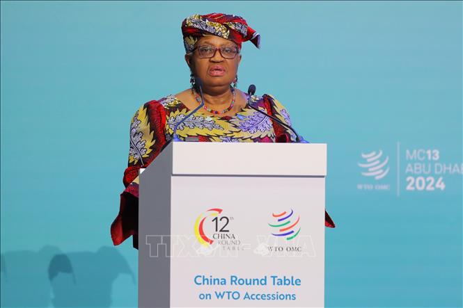 Tổng Giám đốc WTO Ngozi Okonjo-Iweala phát biểu tại một sự kiện ở Abu Dhabi, UAE ngày 25/2/2024. Ảnh: THX/TTXVN
