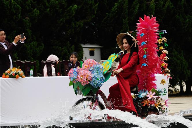 Một tác phẩm xe đạp hoa với hoa cẩm tú cầu, hoa xác pháo được làm bằng nhựa trình diễn tại hội thi. Ảnh: Nguyễn Dũng – TTXVN