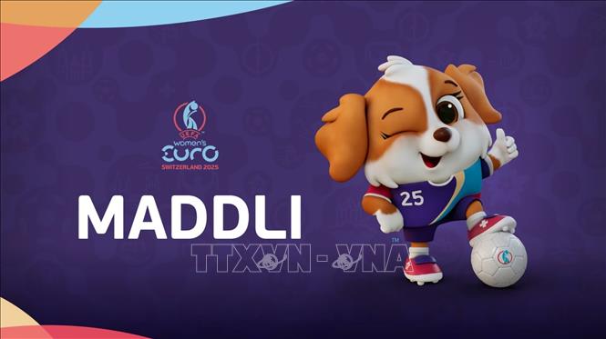 UEFA Women's EURO 2025 chọn linh vật của giải đấu là chú chó mascot made her first appearance on linh vật của Giải vô địch bóng đá nữ châu Âu EURO 2025. Đó là một chú chó dòng Saint Bernard, có tên Maddli. Ảnh: UEFA.com/TTXVN