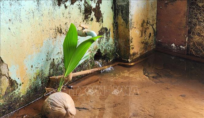 Nước liên tục tràn vào gây ngập nhà bà Dụ (xã Hưng Phước, huyện Bù Đốp, tỉnh Bình Phước). Ảnh: Đậu Tất Thành – TTXVN