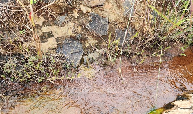 Nước chảy âm ỉ, róc rách ngày đêm từ bên kia bờ đập qua chân đập, bên phía nhà ba Dụ. Ảnh: Đậu Tất Thành – TTXVN