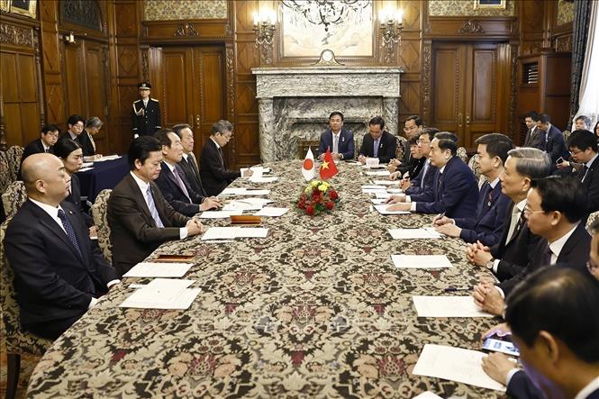 NA Chairman Tran Thanh Man and Speaker of the Japanese House of Representatives Nukaga Fukushiro hold talks in Tokyo on December 4. VNA Photo: Doãn Tấn