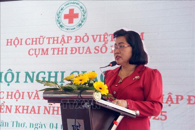 Chủ tịch Hội Chữ thập đỏ thành phố Cần Thơ Huỳnh Thanh Thảo phát biểu tại hội nghị. Ảnh: Trung Kiên - TTXVN