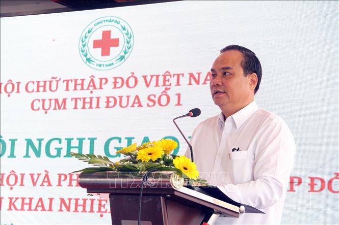 Phó Chủ tịch Trung ương Hội Chữ thập đỏ Việt Nam Vũ Thanh Lưu phát biểu tại hội nghị. Ảnh: Trung Kiên - TTXVN