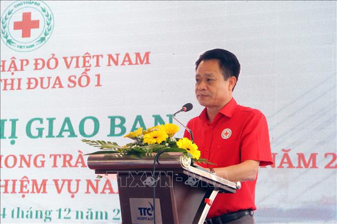Cụm trưởng Cụm thi đua số 1, Chủ tịch Hội Chữ thập đỏ thành phố Hà Nội Đào Ngọc Triệu phát biểu tại hội nghị. Ảnh: Trung Kiên - TTXVN