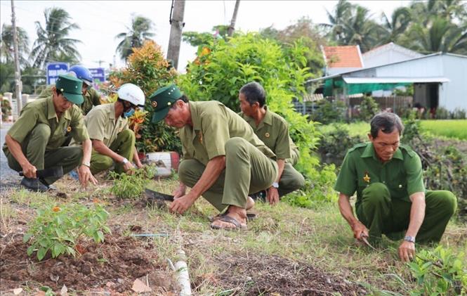 Các hội viên Hội Cựu chiến binh tự quản tại tỉnh Tiền Giang thường xuyên dọn vệ sinh đường làng, ngõ xóm, tiên phong trong phong trào xây dựng nông thôn mới. Ảnh: Hữu Chí - TTXVN