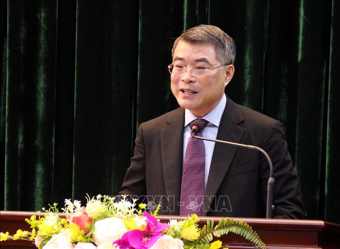 Ủy viên Bộ Chính trị, Bí thư Trung ương Đảng, Trưởng Ban Tổ chức Trung ương Lê Minh Hưng phát biểu tại Hội nghị. Ảnh: Văn Đạt - TTXVN