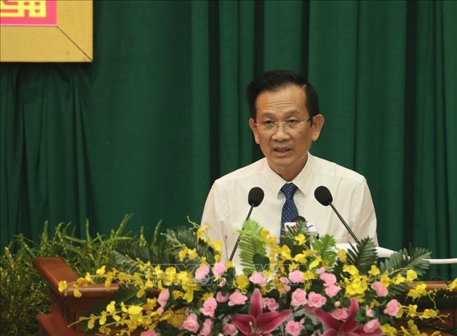 Ông Nguyễn Thiện Nhơn, Trưởng Ban tổ chức Tỉnh ủy Hậu Giang, phát biểu tại Hội nghị. Ảnh: Duy Khương - TTXVN