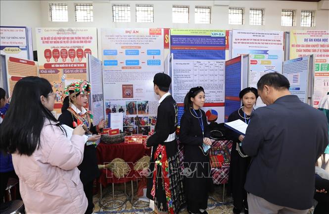 Các học sinh trung học tỉnh Lạng Sơn thuyết trình về dự án dự thi. Ảnh: Anh Tuấn – TTXVN
