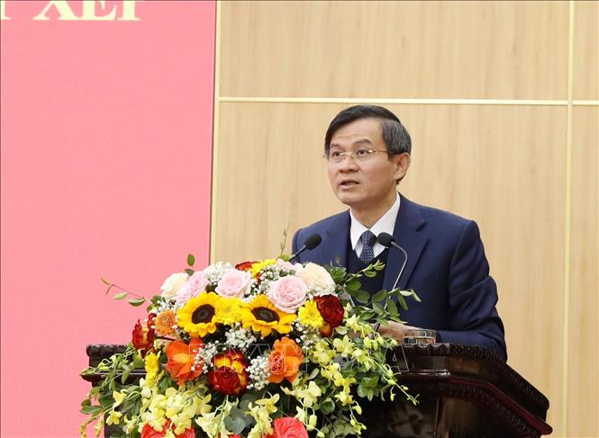 Ủy viên Trung ương Đảng, Bí thư Tỉnh ủy Ninh Bình Đoàn Minh Huấn phát biểu tại hội nghị. Ảnh: Đức Phương - TTXVN