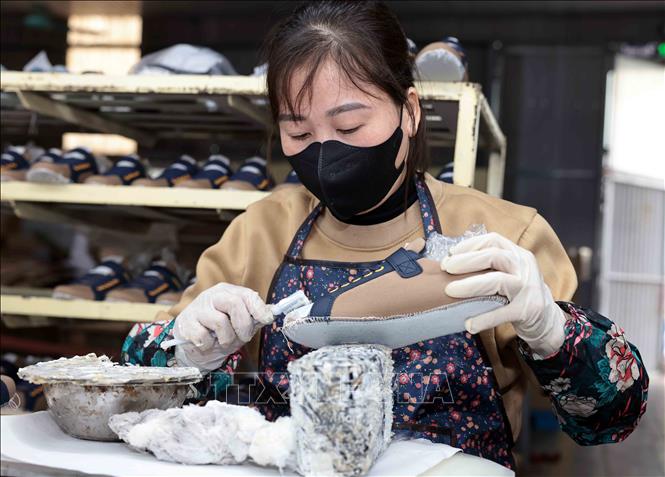 Năm 2024, Công ty Hóa dệt Hà Tây xuất khẩu 1,3 triệu đôi giày, dép các loại sang thị trường Mỹ, châu Âu. Ảnh: Trần Việt - TTXVN