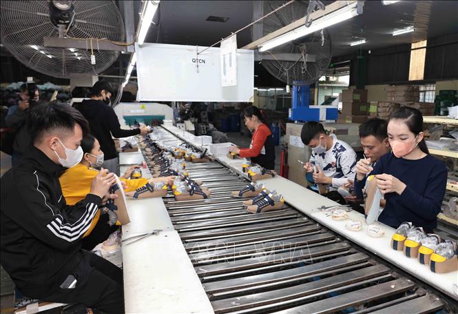 Sản xuất giày xuất khẩu sang thị trường Mỹ, châu Âu tại Công ty Hóa dệt Hà Tây. Ảnh: Trần Việt - TTXVN