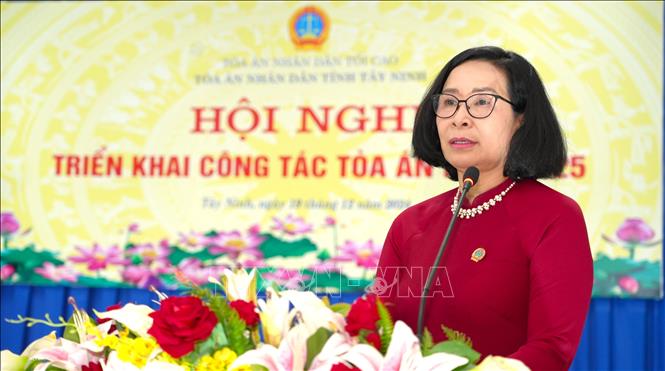 Chánh án Tòa án Nhân dân tỉnh Tây Ninh Nguyễn Thị Tuyết Vân triển khai phương hướng, nhiệm vụ trọng tâm công tác Tòa án năm 2025. Ảnh: Minh Phú – TTXVN