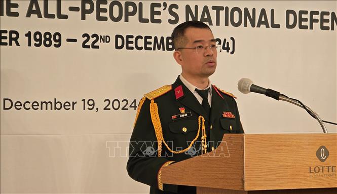 Thượng tá Lê Hiệp Lâm, Tùy viên Quốc phòng Việt Nam tại Hàn Quốc, phát biểu tại buổi lễ. Ảnh: Đức Thắng - P/v TTXVN tại Hàn Quốc