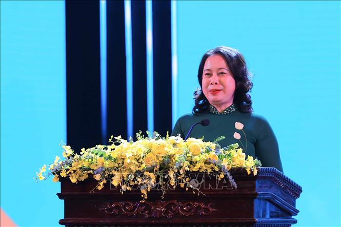 Phó Chủ tịch nước Võ Thị Ánh Xuân - Chủ tịch Hội đồng bảo trợ Quỹ bảo trợ trẻ em Việt Nam phát biểu. Ảnh: Hoàng Hiếu - TTXVN