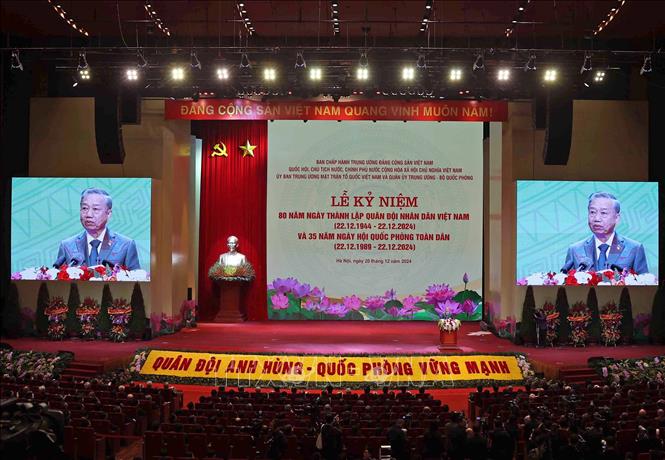 Tổng Bí thư Tô Lâm, Bí thư Quân ủy Trung ương đọc Diễn văn Kỷ niệm 80 năm Ngày thành lập Quân đội nhân dân Việt Nam, 35 năm Ngày hội Quốc phòng toàn dân. Ảnh: Thống Nhất – TTXVN
