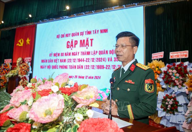 Đại tá Nguyễn Thanh Phong, Chính ủy Bộ Chỉ huy Quân sự tỉnh Tây Ninh phát biểu tại lễ kỷ niệm. Ảnh: Giang Phương – TTXVN