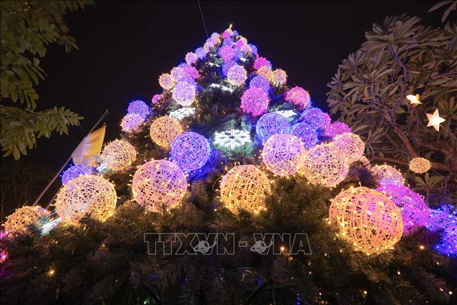 Cây thông Noel nhiều màu tại Nhà thờ Hàm Long. Ảnh: Hoàng Hiếu - TTXVN