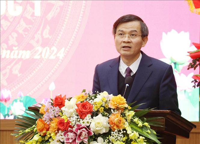 Bí thư Tỉnh ủy Ninh Bình Đoàn Minh Huấn phát biểu tại buổi lễ. Ảnh: Hải Yến - TTXVN