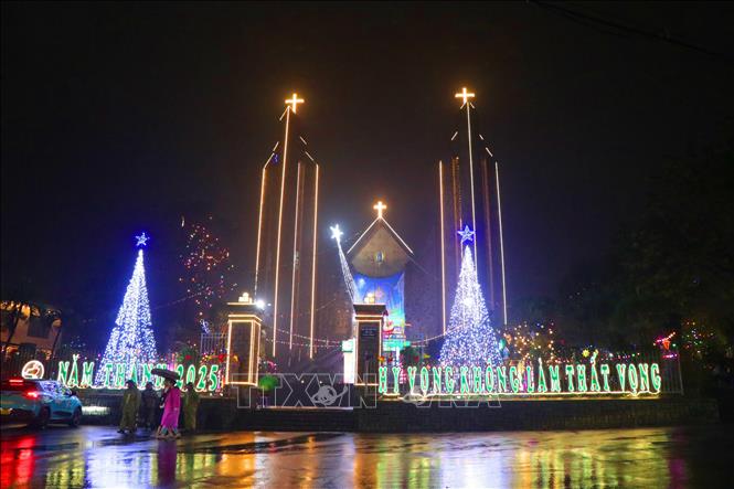 Phu Cam Cathedral shines during Christmas Eve in Thua Thien - Hue province. VNA Photo: Tường Vi