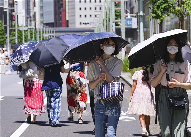 Người dân che ô tránh nắng nóng trên đường phố tại Tokyo, Nhật Bản. Ảnh: Kyodo/TTXVN