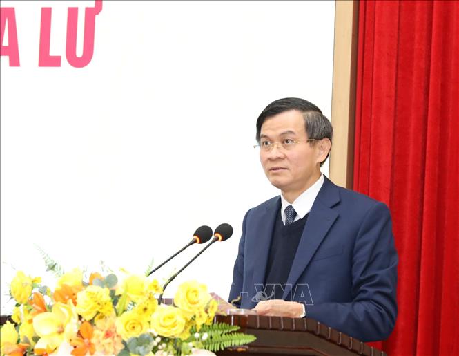 Đồng chí Đoàn Minh Huấn, Ủy viên Trung ương Đảng, Bí thư Tỉnh ủy Ninh Bình phát biểu tại lễ công bố. Ảnh: Đức Phương - TTXVN